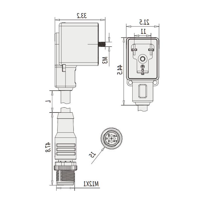 阀门插头类型B，工业，11 mm，3Pin/M12公头直型、双端预铸PUR柔性电缆、黑色护套、6VB121-XXX